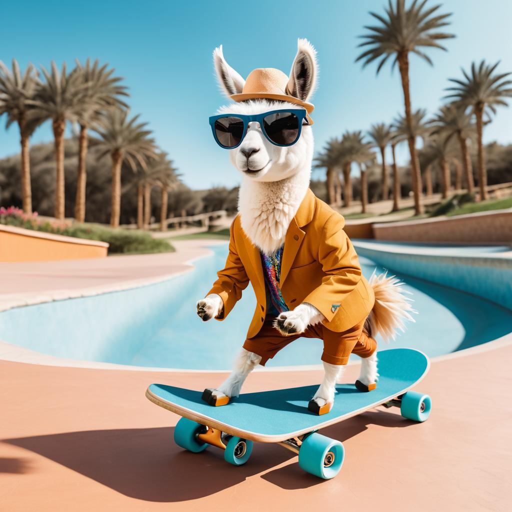 Stylish Llama Skateboarding in Sunglasses