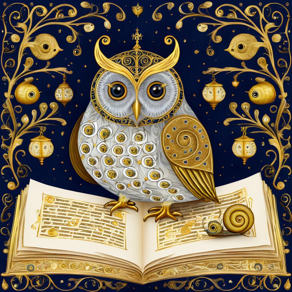 Whimsical Owl-Snail Hybrid in Manuscript Style