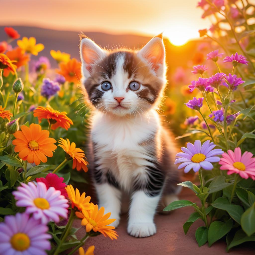 Joyful Kitten Amidst Colorful Flowers