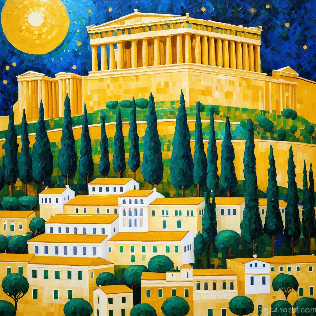 Klimt-Inspired Acropolis Oil Painting