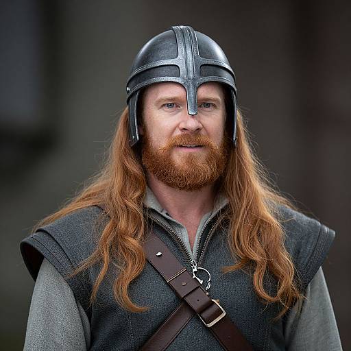 Photograph of a bearded man with long red hair, wearing a black medieval helmet and gray tunic with a brown leather strap.