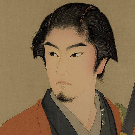 Traditional Japanese woodblock print of a serious young man with black hair, thin mustache, and brown kimono, set against a beige background.