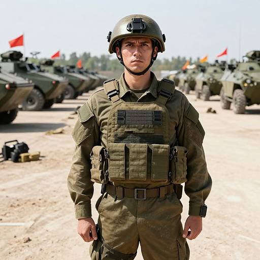 Photograph of a young male soldier in olive green tactical gear and helmet, standing in front of a military convoy with multiple green armored vehicles and red flags
