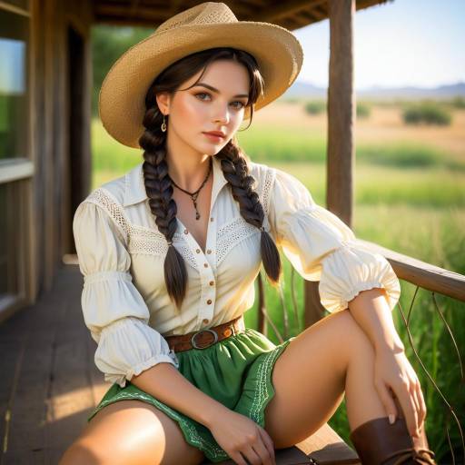 Young Woman in Country Outfit on Porch