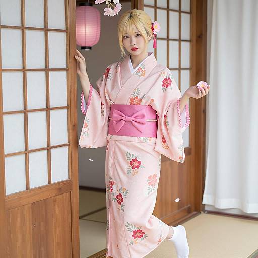 Elegant Blonde in Floral Pink Kimono