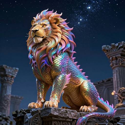 Digital artwork of a glowing, multicolored, mythical lion with iridescent scales and a vibrant mane, sitting on ancient ruins under a starry