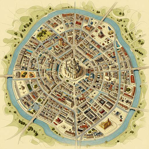 Detailed overhead city map in vibrant colors, showing a circular urban layout with a blue river encircling densely packed buildings and streets.