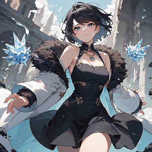 Digital anime-style illustration of a confident, blue-eyed woman with short black hair, wearing a black dress, fur-trimmed white jacket, and blue