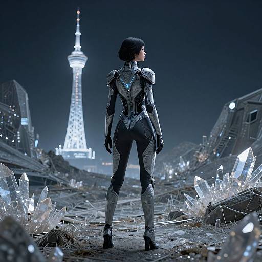 Sci-fi photograph of a woman in futuristic black and silver armor, standing in a ruined city with glowing crystals, facing the illuminated Tokyo Tower at night.