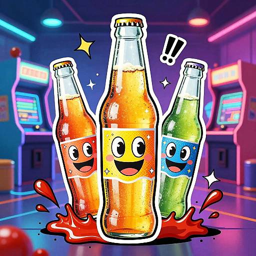 Cartoon Soda Bottles with Smiling Labels in Retro Arcade
