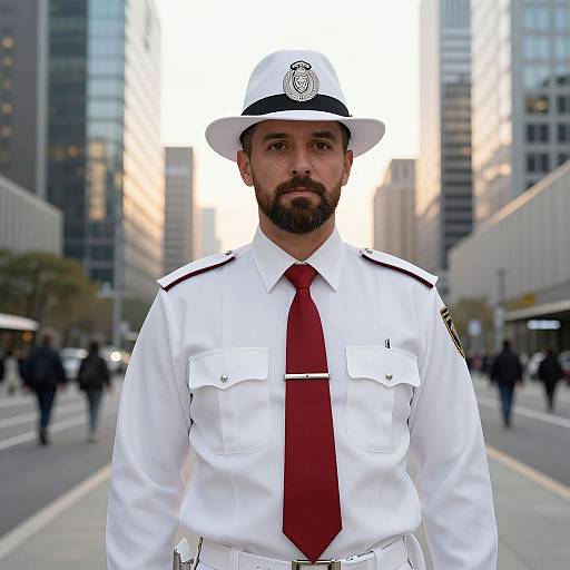 Photograph of a stern-faced, bearded male police officer in white uniform, red tie, and white hat standing in a city street. Blurred