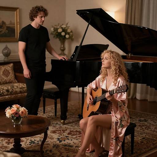 Couple in Luxurious Living Room with Piano and Guitar