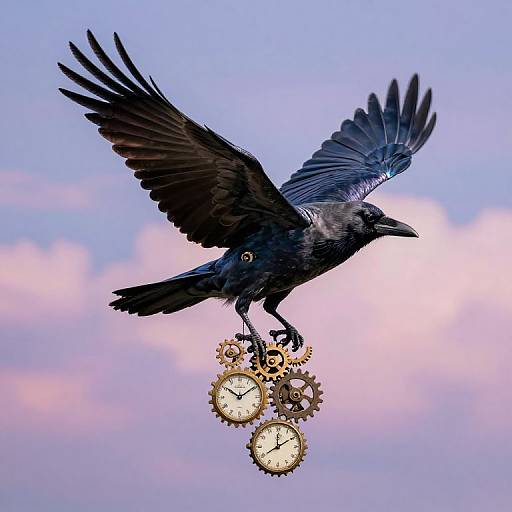 Photograph of a black crow in mid-flight, carrying three gold gears with white clock faces against a pink and blue sky.