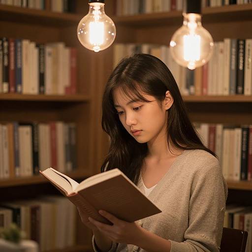 Asian woman with long black hair, wearing a beige sweater, reads a book under two glowing pendant lights in a library.