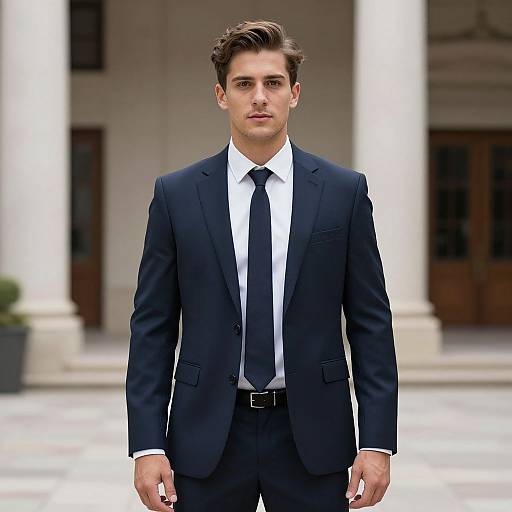 Photograph of a handsome young man with short brown hair, wearing a black suit, white shirt, and black tie, standing in front of a white