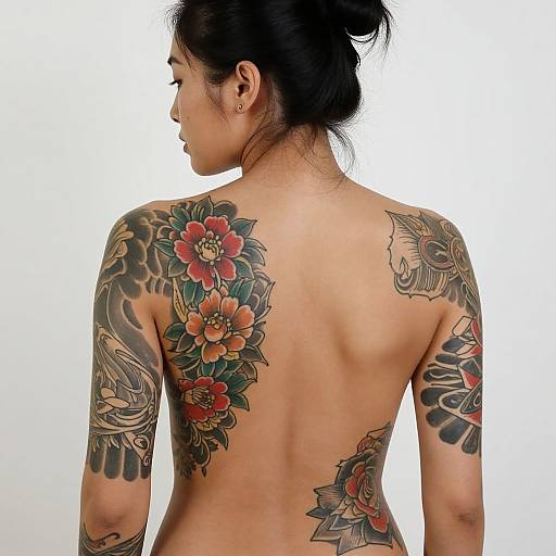 Photograph of a topless Asian woman with black hair in a bun, displaying vibrant floral and fish tattoos on her back and shoulders against a white background