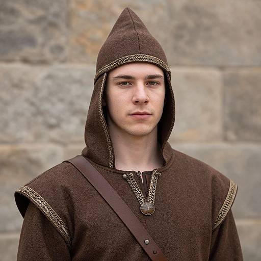 Photograph of a young man with pale skin and brown eyes, wearing a medieval brown hooded tunic with gold trim, and a leather strap,