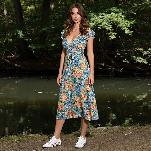 Floral Dress Woman by Forest Pond