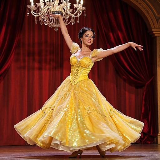 Photograph of a fair-skinned woman in a shimmering yellow ball gown, dancing gracefully on stage with red velvet curtains and a chandelier in the