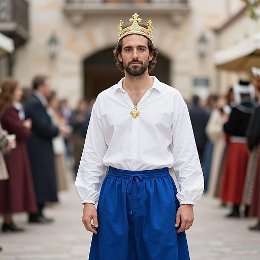 Photograph of a bearded man with medium-length dark hair, wearing a gold crown, white shirt, and blue pants, standing in a blurred,