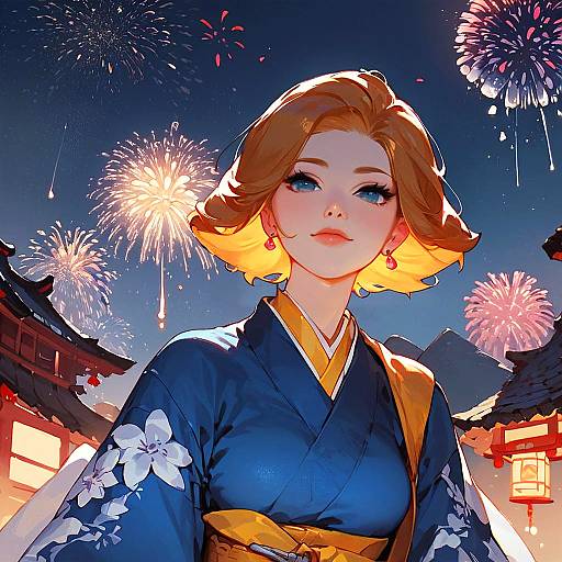 Anime Girl in Kimono with Fireworks