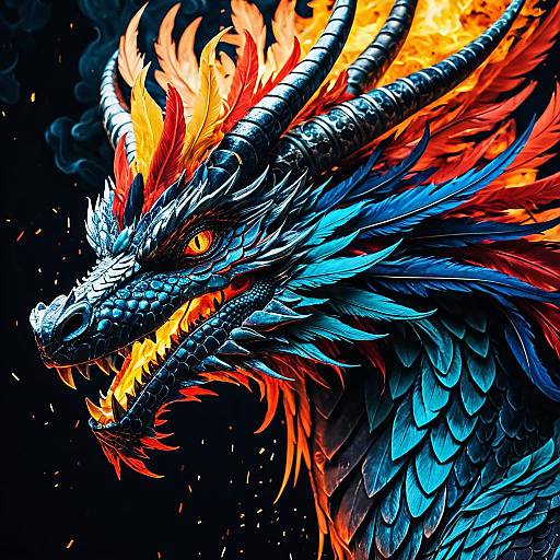 Abstract Japanese Style Dragon with Flame Feathers