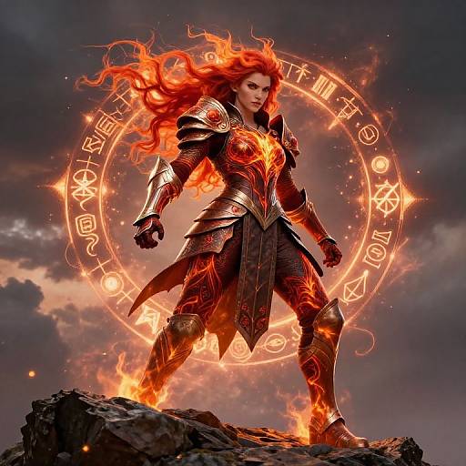 Digital art of a fiery red-haired warrior woman in glowing, ornate black armor, standing on a rock with a magical, orange circular rune circle behind
