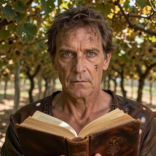Photograph of a rugged, middle-aged man with messy brown hair, reading an ancient book in an autumn orchard, face marked with mystical symbols,