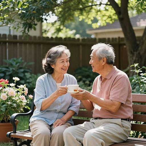 Photograph of an elderly Asian couple, sitting on a wooden bench in a sunny garden, laughing and sharing a cup of coffee.
