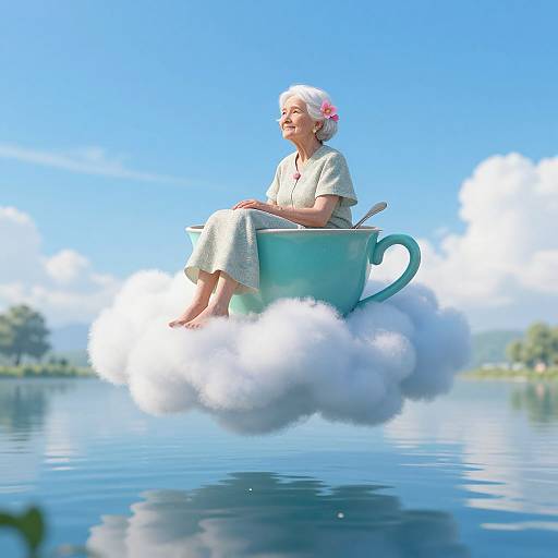 Photograph-like digital art of elderly woman with white hair and pink flower, wearing cream dress, sitting in oversized tea cup on fluffy cloud over calm blue