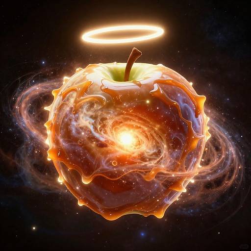 Digital art: Glowing, fiery apple with a halo, surrounded by swirling cosmic energy and stars, floating in a dark space background.