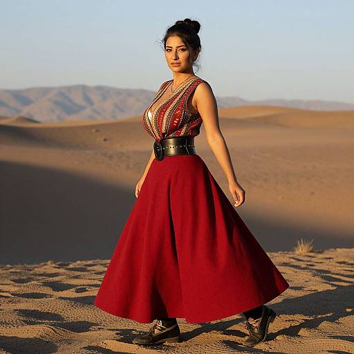 Photograph of a dark-haired woman in a red embroidered blouse and high-waisted red skirt, standing in a desert with mountains, wearing black sandals