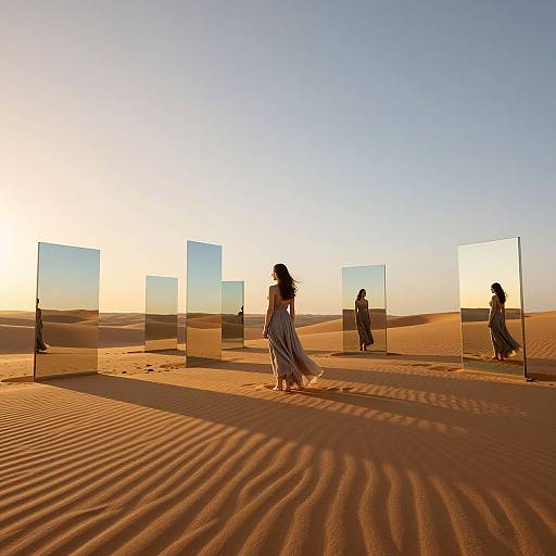 Photograph of a woman in a flowing dress walking through a desert, silhouetted against the sunset, surrounded by reflective mirrors.