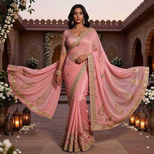 Photograph of a beautiful South Asian woman in a pink, gold-embroidered traditional saree with long, flowing sleeves, standing in a romantic