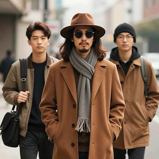 Three Boys in Brown Coats Outdoors