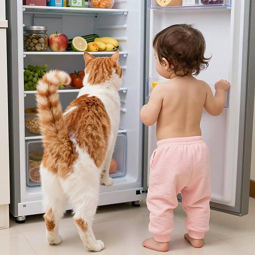 Toddler and Cat Explore Refrigerator Together