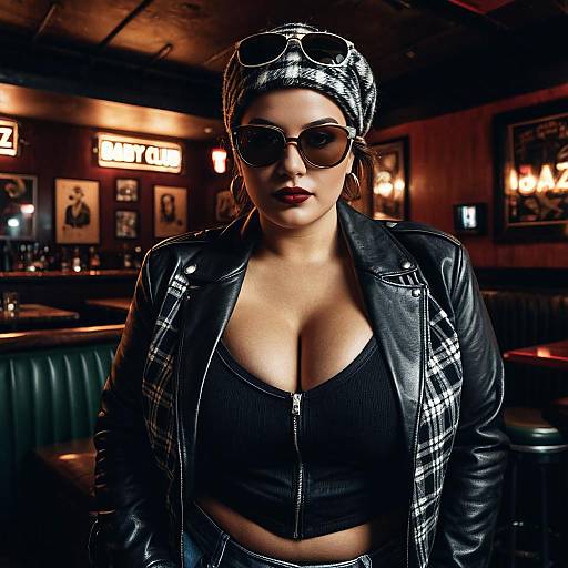 Stylish Woman in Leather Jacket at Jazz Club