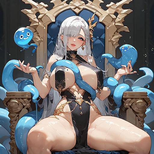 Fantasy Woman with Blue Tentacles on Throne