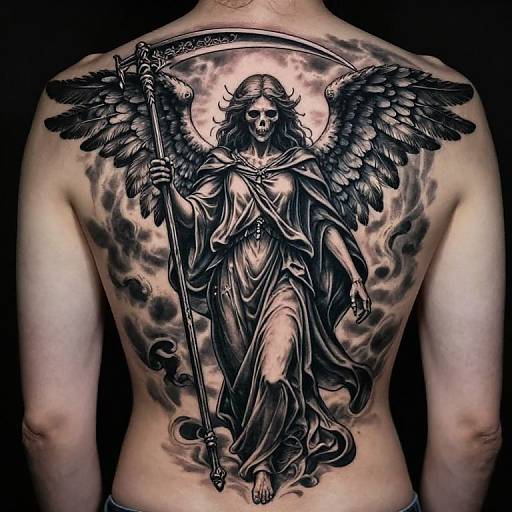Black and gray tattoo of angelic woman with wings, holding scythe, on muscular back, surrounded by clouds, realistic style.