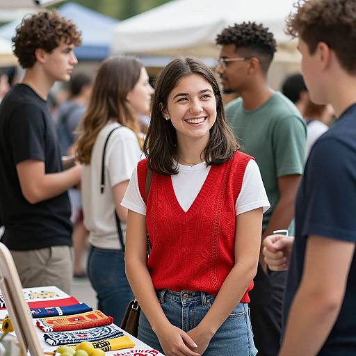 Photograph of a smiling young woman with dark hair, wearing a red sleeveless sweater and blue jeans, standing in a busy outdoor market with diverse,