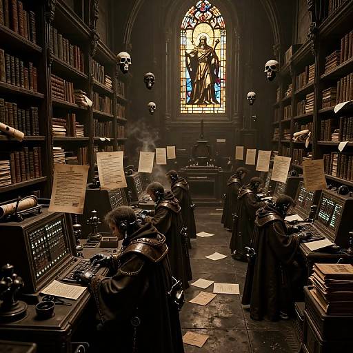 Photograph of six robed monks in dimly lit, Gothic library, writing at desks with steam rising, surrounded by bookshelves, skull decor