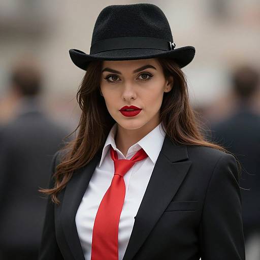 Photograph of a woman with long brown hair, red lipstick, black hat, black blazer, white shirt, and red tie, standing outdoors with