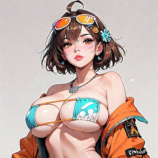 Anime Girl in Eye Patch Bikini and Orange Jacket