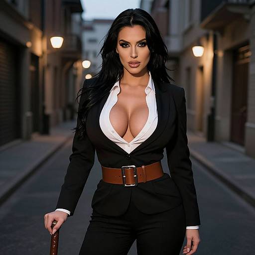 Photograph of a confident woman with long black hair, large breasts, wearing a deep V-neck white blouse, black suit, brown belt, standing in