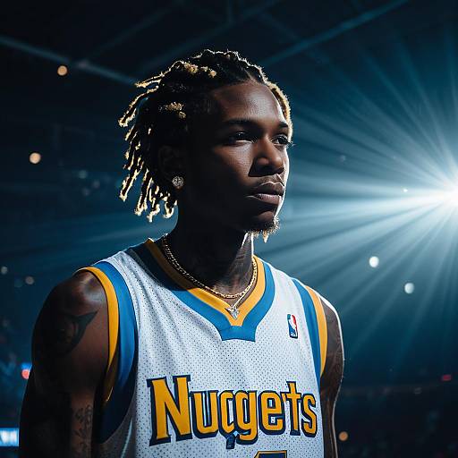 Young Man in Denver Nuggets Jersey with Jewelry