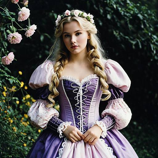 Woman in Purple Rapunzel-Inspired Dress with Flower Crown