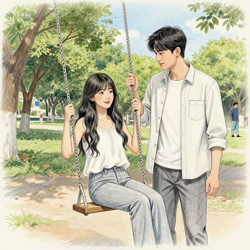 Digital illustration of a young Asian couple in a park; she sits on a swing, smiling, wearing a white top and jeans, while he stands,