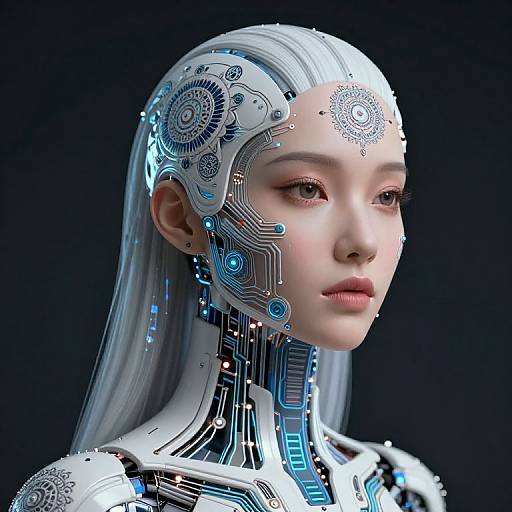 CGI portrait of a cybernetic woman with long white hair, glowing blue circuitry, and mechanical face, set against a dark background.