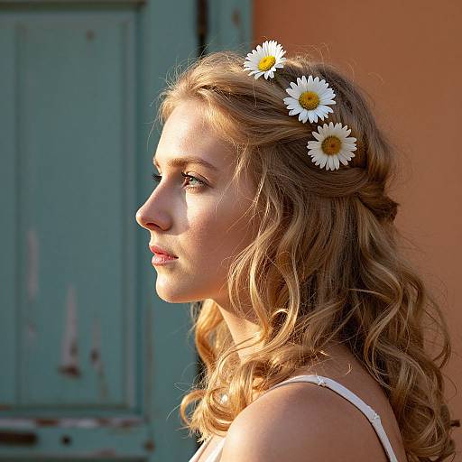 Photograph of a young woman with wavy blonde hair, wearing a white flower crown with daisies, in profile, sunlight illuminating her face