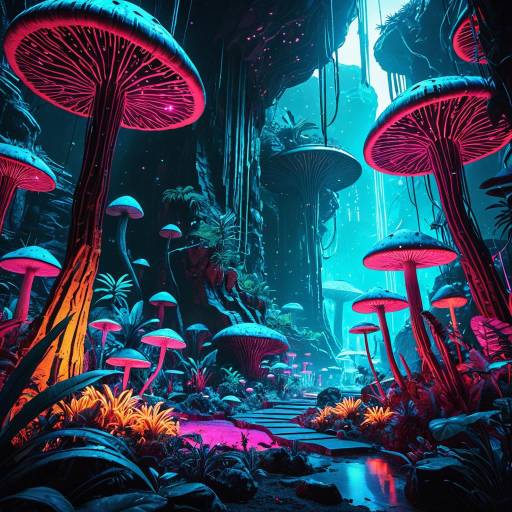 Neon-Lit Alien Jungle with Glowing Mushrooms Neon-Lit Alien Jungle with Glowing Mushrooms
